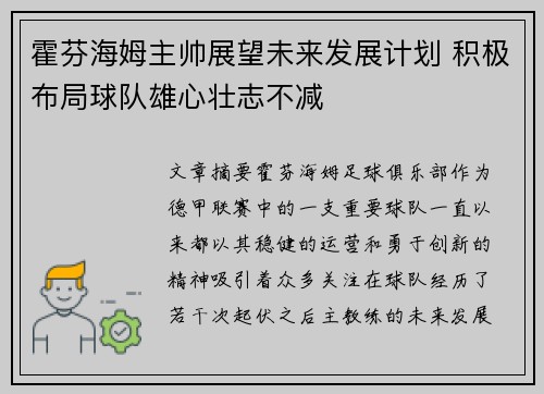 霍芬海姆主帅展望未来发展计划 积极布局球队雄心壮志不减